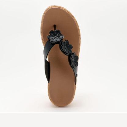 Sandalias de cuña cómodas para mujeres con aplique floral en la tira del dedo y plataforma de corcho