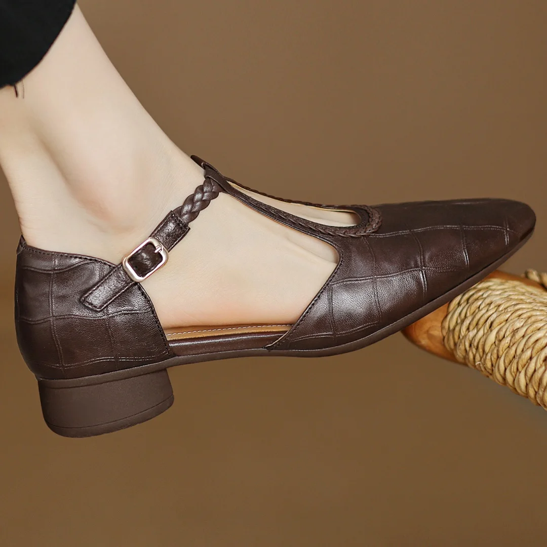 Elegantes Flats de Cuero con Estampado de Cocodrilo y T-Strap para Mujeres con Punta Afilada y Tacón Bloque