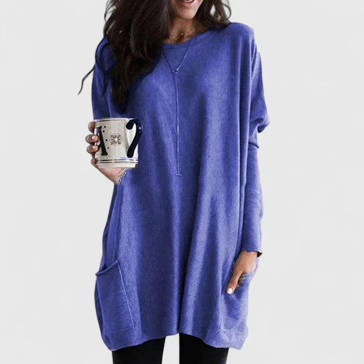 Vestido de Suéter Cómodo para Mujeres con Cuello Redondo, Manga Larga, Bolsillo Frontal, Estilo Oversized
