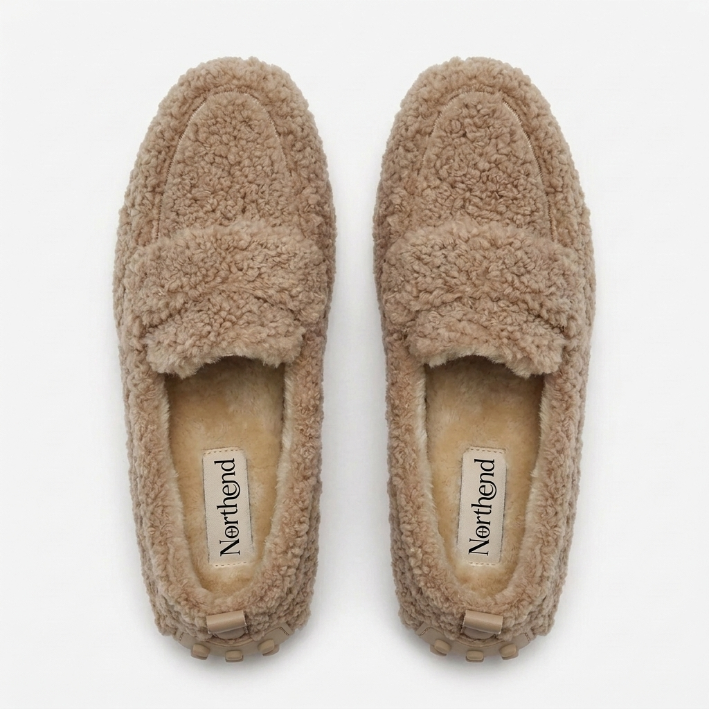 Zapatos de Casa Cómodos para Mujeres con Parte Superior de Piel Sintética Rizada, Estilo Mocasín, Suela de Goma, Slip On