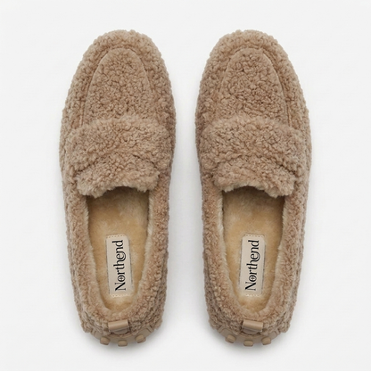 Zapatos de Casa Cómodos para Mujeres con Parte Superior de Piel Sintética Rizada, Estilo Mocasín, Suela de Goma, Slip On