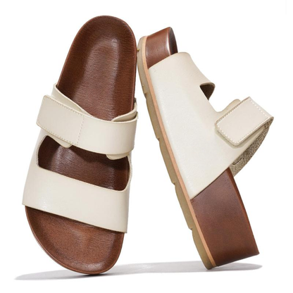 Sandalias Deslizantes Cómodas para Mujeres con Plataforma de Corcho de Doble Correa Tejida y Punta Abierta