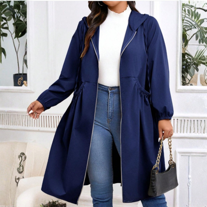 Abrigo Trench Plus Size Sin Esfuerzo para Mujeres con Capucha, Manga Larga, Cintura con Cordón, Cierre Frontal, Estilo Relajado