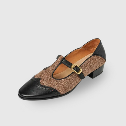 Elegante plano Mary Jane de tweed para mujeres con hebilla T Strap estilo brogue