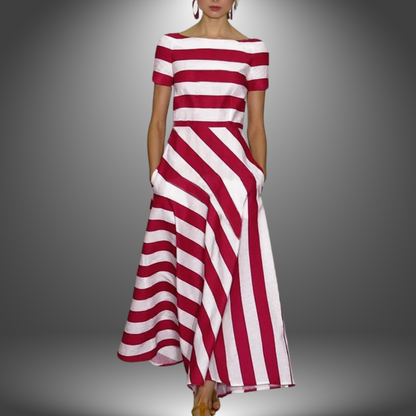 Vestido Maxi Elegante a Rayas para Mujeres con Cuello Barco, Manga Corta y Bajo Asimétrico en Estilo Fluido