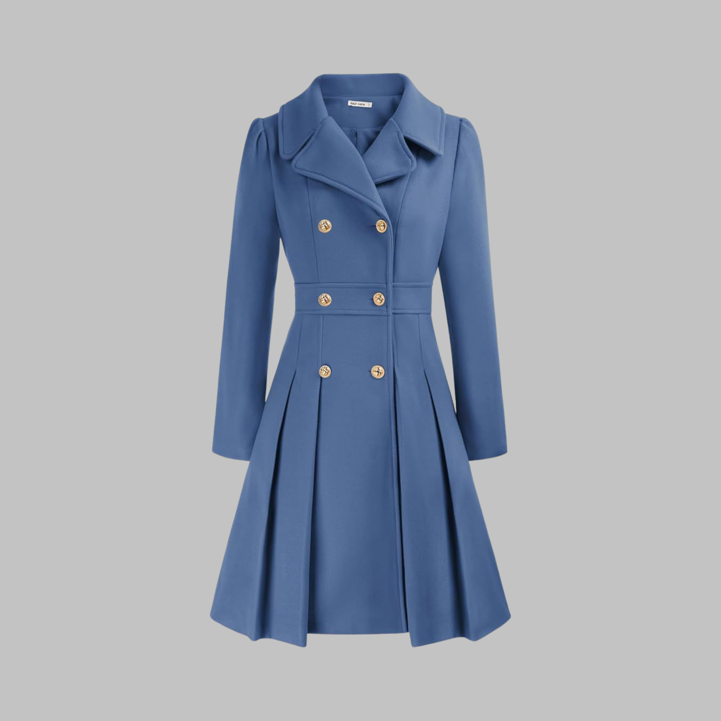 Abrigo de mezcla de lana elegante para mujeres con solapa de muesca, manga larga, doble botonadura y estilo acampanado con pliegues