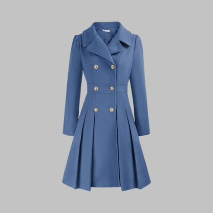 Abrigo de mezcla de lana elegante para mujeres con solapa de muesca, manga larga, doble botonadura y estilo acampanado con pliegues