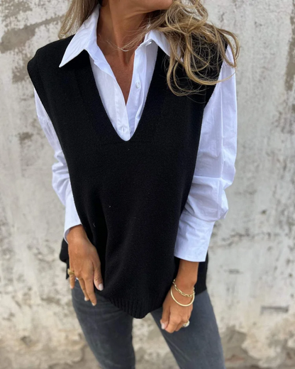 Chaleco de Suéter de Punto Cómodo para Mujeres con Cuello de Camisa y Escote en V Sin Mangas, Estilo Casual en Capas