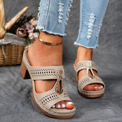 Mules cómodos con tacón para mujeres con detalle de anillo de metal, tacón bloque, estilo abierto y fácil de poner