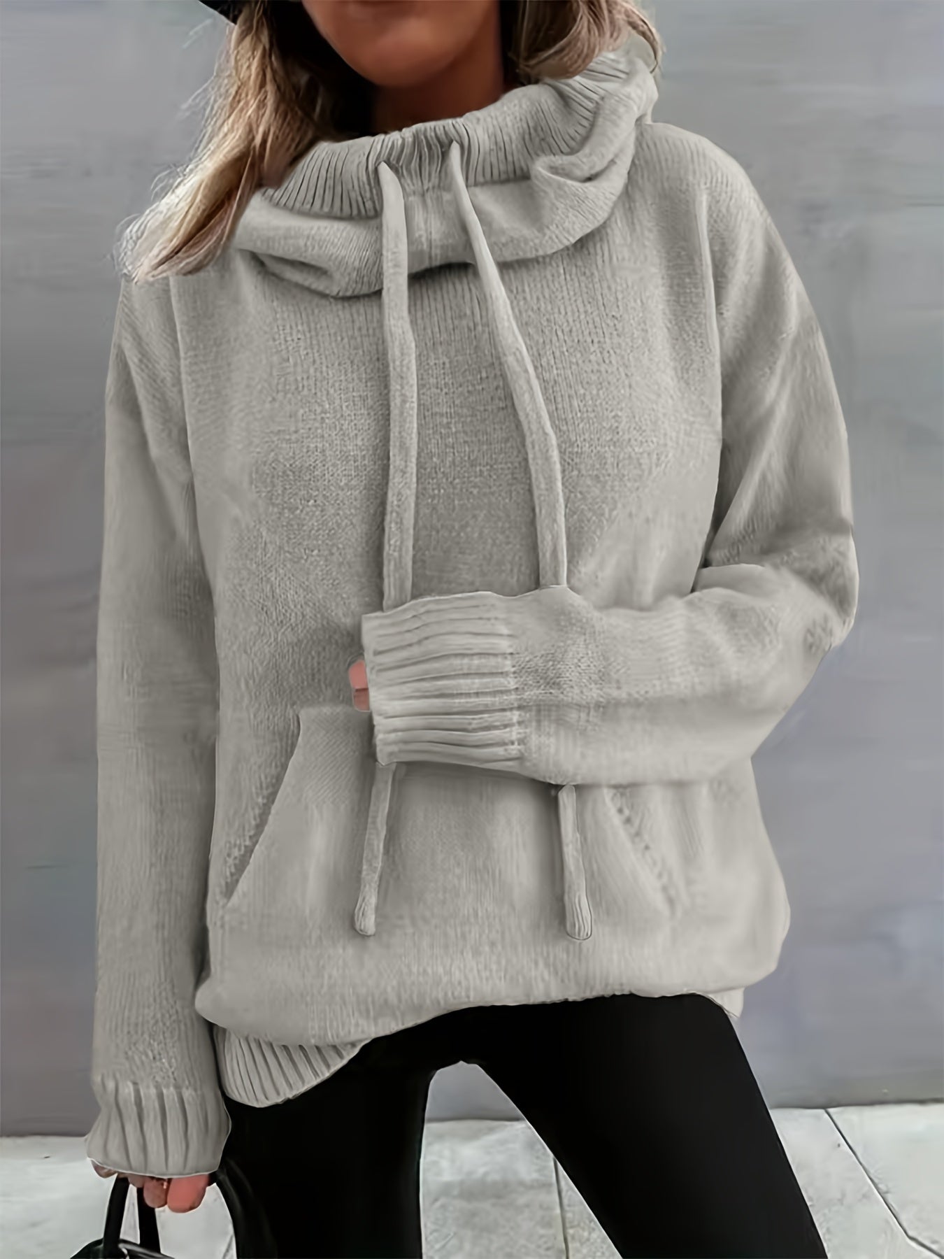 Suéter de punto cómodo para mujeres con cuello de capa, manga larga, cordón y estilo oversized