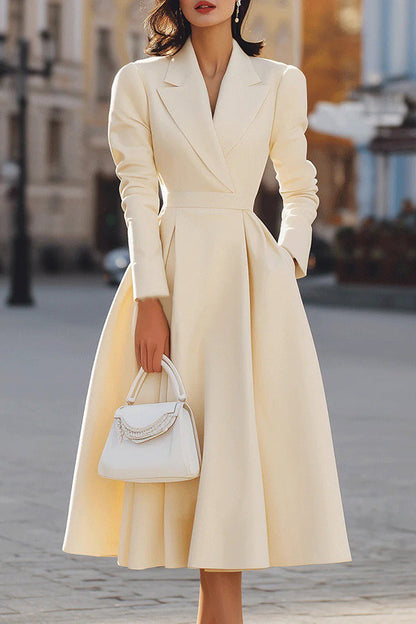 Vestido Midi Elegante de Corte Entallado y Acampanado para Mujeres con Cuello de Solapa, Manga Larga, Pliegues y Bolsillos, Estilo Coctel