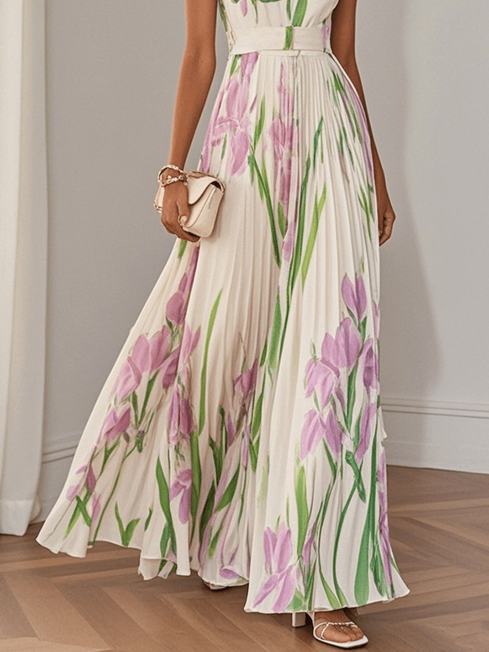 Vestido Maxi Floral Elegante para Mujeres con Escote Cuadrado Sin Mangas y Cinturón con Pliegues