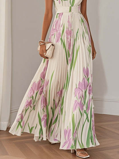Vestido Maxi Floral Elegante para Mujeres con Escote Cuadrado Sin Mangas y Cinturón con Pliegues
