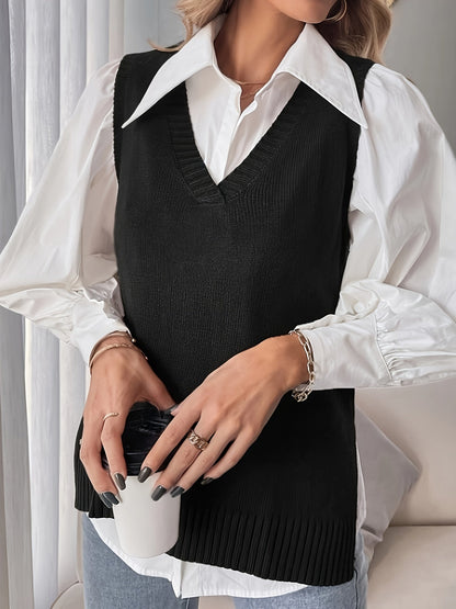 Chaleco de Punto Acanalado Cómodo para Mujeres con Cuello en V, Sin Mangas y Estilo Relajado y Oversized