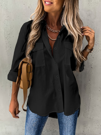 Blusa de Bolsillo Utilitaria sin Esfuerzo para Mujeres con Cuello y Manga Larga de Corte Curvado Relajado