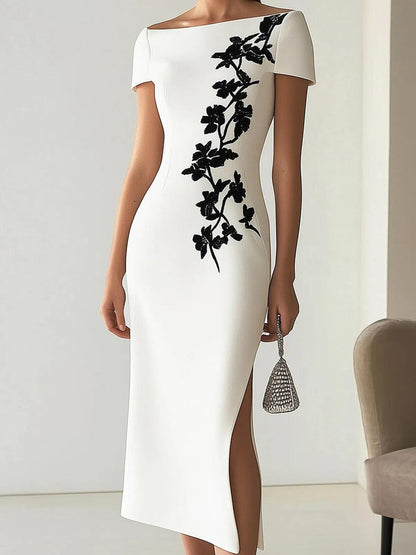 Elegante Vestido Midi Floral Blanco para Mujeres con Escote Barco, Manga Corta, Cuerpo Ajustado y Estilo Formal
