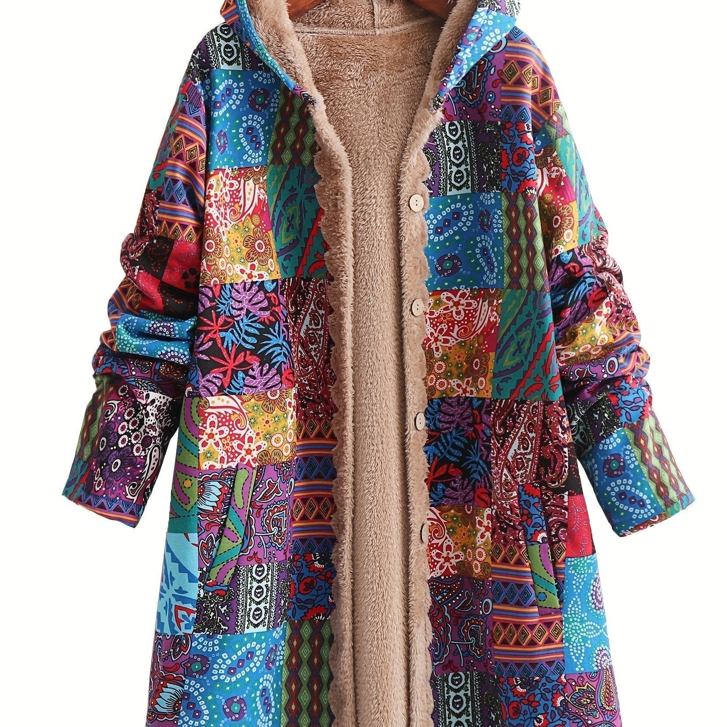 Abrigo de forro polar con estampado de patchwork sin esfuerzo para mujeres, con capucha, manga larga, frente abotonado y estilo bohemio oversized