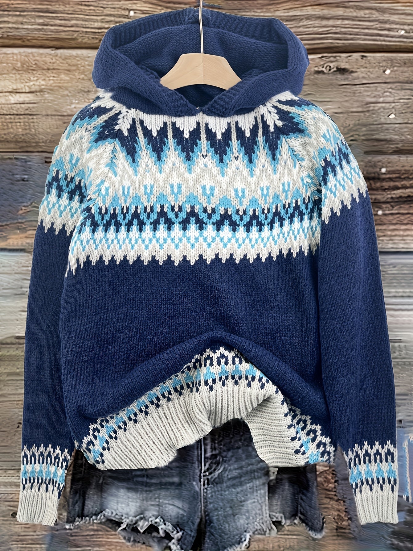 Suéter Cómodo Fair Isle para Mujeres con Capucha y Manga Larga Relajada de Estilo Oversized