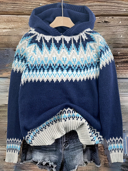 Suéter Cómodo Fair Isle para Mujeres con Capucha y Manga Larga Relajada de Estilo Oversized
