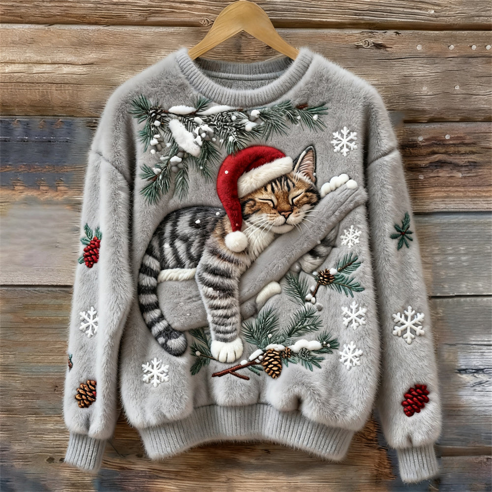 Suéter Cómodo con Estampado de Gato para Mujeres, Cuello Redondo, Manga Larga, Bordado de Copo de Nieve, Estilo Oversized de Tejido