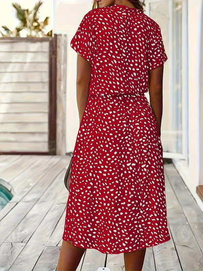 Vestido Midi de Lunares Multicolor sin Esfuerzo para Mujeres con Cuello, Manga Corta, Botones en el Frente y Cintura Ajustable Estilo Casual