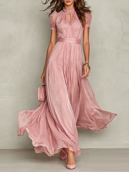 Elegante Vestido Maxi de Chiffon Ombre para Mujeres con Cuello Alto, Manga Abullonada, Corte en Llave y Detalles de Encaje