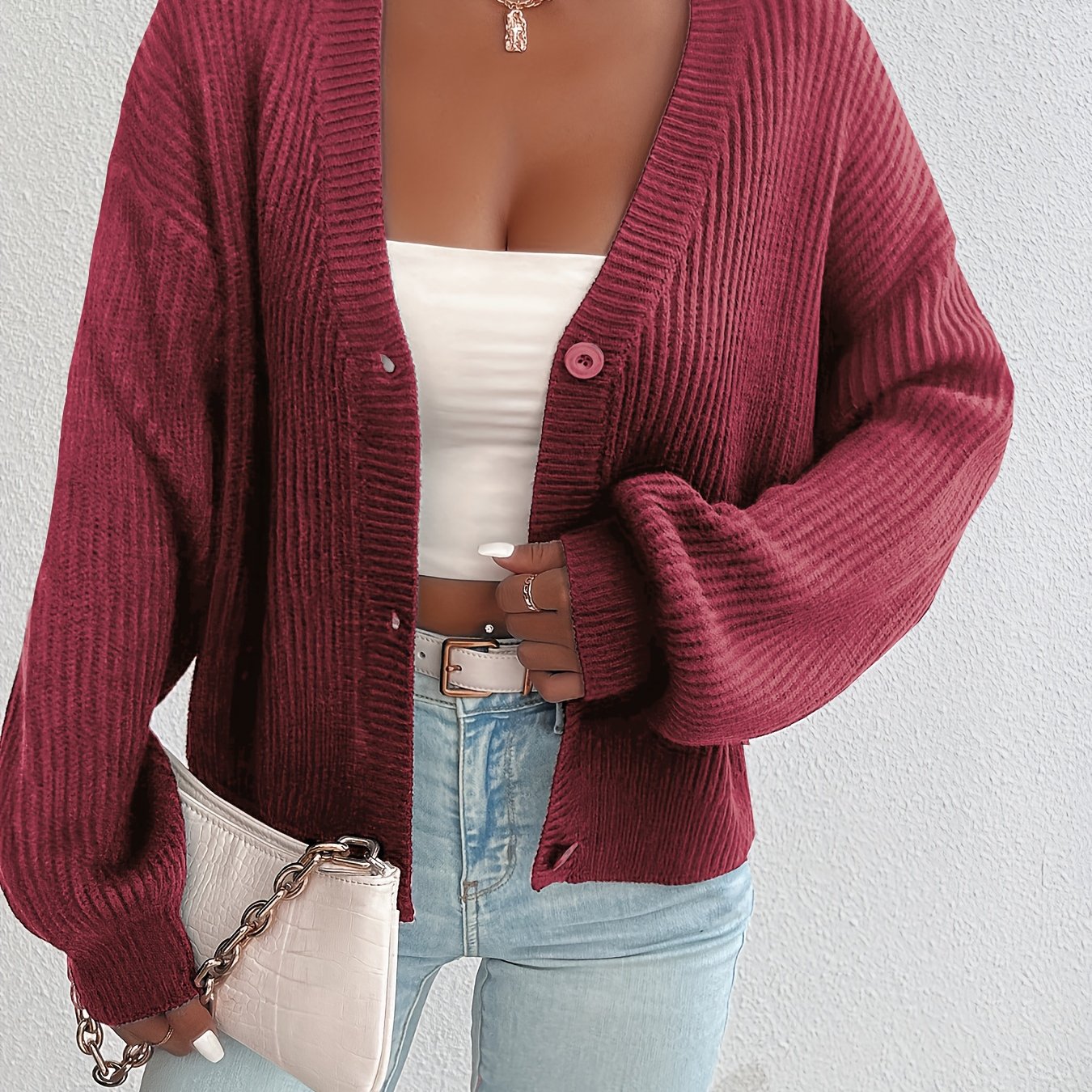 Cárdigan de Punto Acanalado Cómodo para Mujeres con Cuello en V, Manga Larga, Botones en la Parte Frontal, Estilo Oversized y Relajado