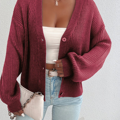 Cárdigan de Punto Acanalado Cómodo para Mujeres con Cuello en V, Manga Larga, Botones en la Parte Frontal, Estilo Oversized y Relajado