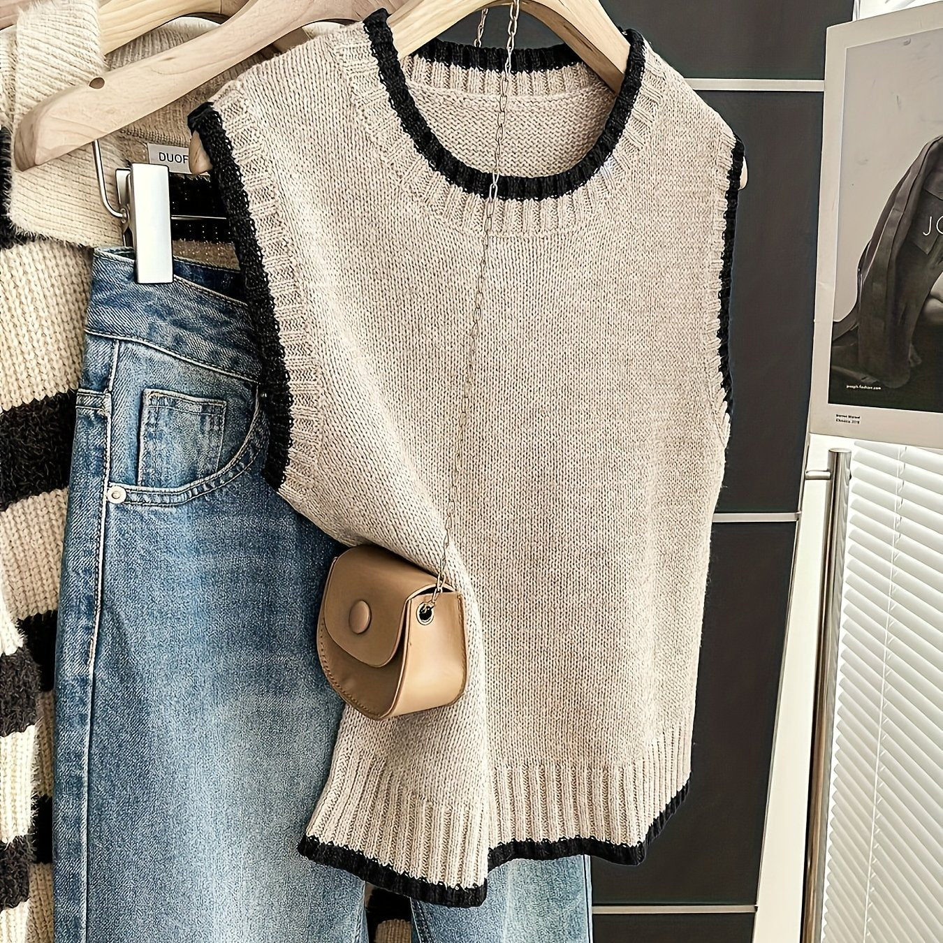 Chaleco de Suéter de Contraste Cómodo para Mujeres con Cuello Redondo, Sin Mangas, dobladillo Acanalado, Estilo Oversized