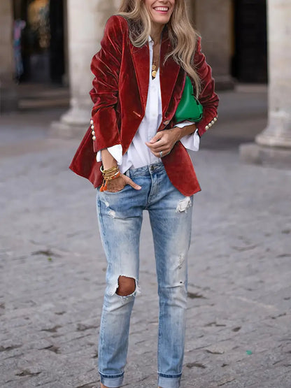 Blazer de Terciopelo Elegante para Mujeres con Solapa, Manga Larga, Botón Único y Estilo Formal