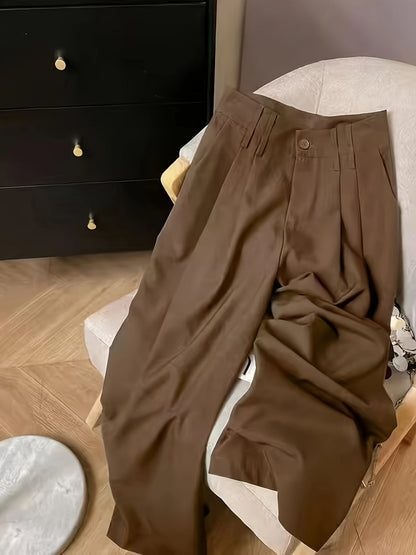 Pantalones Elegantes de Pierna Ancha para Mujeres con Cintura Alta, Frente de Botones y Estilo Plisado