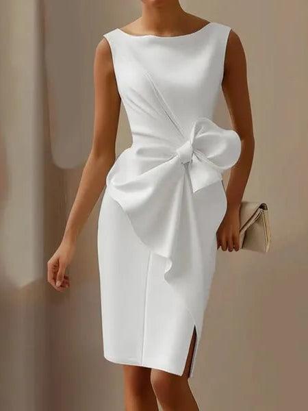 Vestido Elegante de Satén Ajustado para Mujeres con Escote Barco, Sin Mangas, Detalle de Lazo y Abertura Lateral Estilo Cóctel