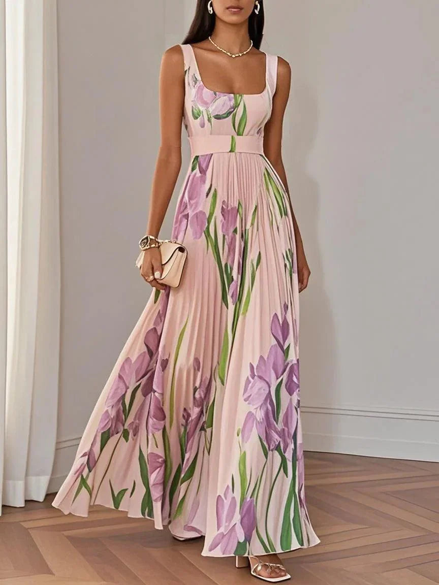 Vestido Maxi Floral Elegante para Mujeres con Escote Cuadrado Sin Mangas y Cinturón con Pliegues