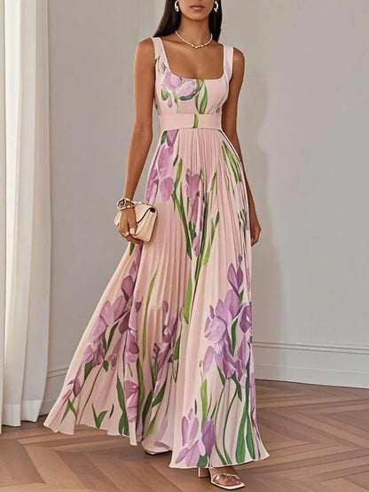 Vestido Maxi Floral Elegante para Mujeres con Escote Cuadrado Sin Mangas y Cinturón con Pliegues