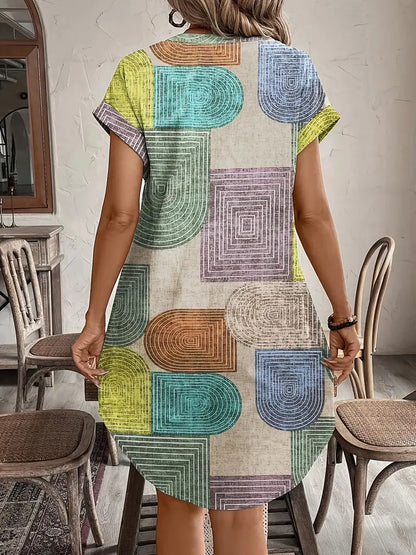 Vestido Camisero Geométrico Multicolor Sin Esfuerzo para Mujeres con Cuello, Manga Corta y Botones Estilo Boho