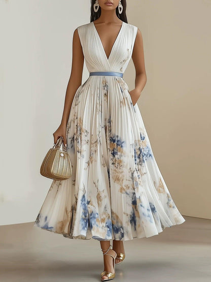 Elegante vestido midi blanco con tie dye para mujeres con escote en V, sin mangas, estilo invitada de boda