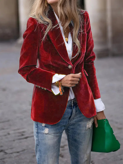 Blazer de Terciopelo Elegante para Mujeres con Solapa, Manga Larga, Botón Único y Estilo Formal