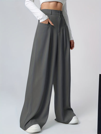 Pantalones Anchos Elegantes de Caqui para Mujeres con Cintura Alta y Pliegues, Estilo Relajado