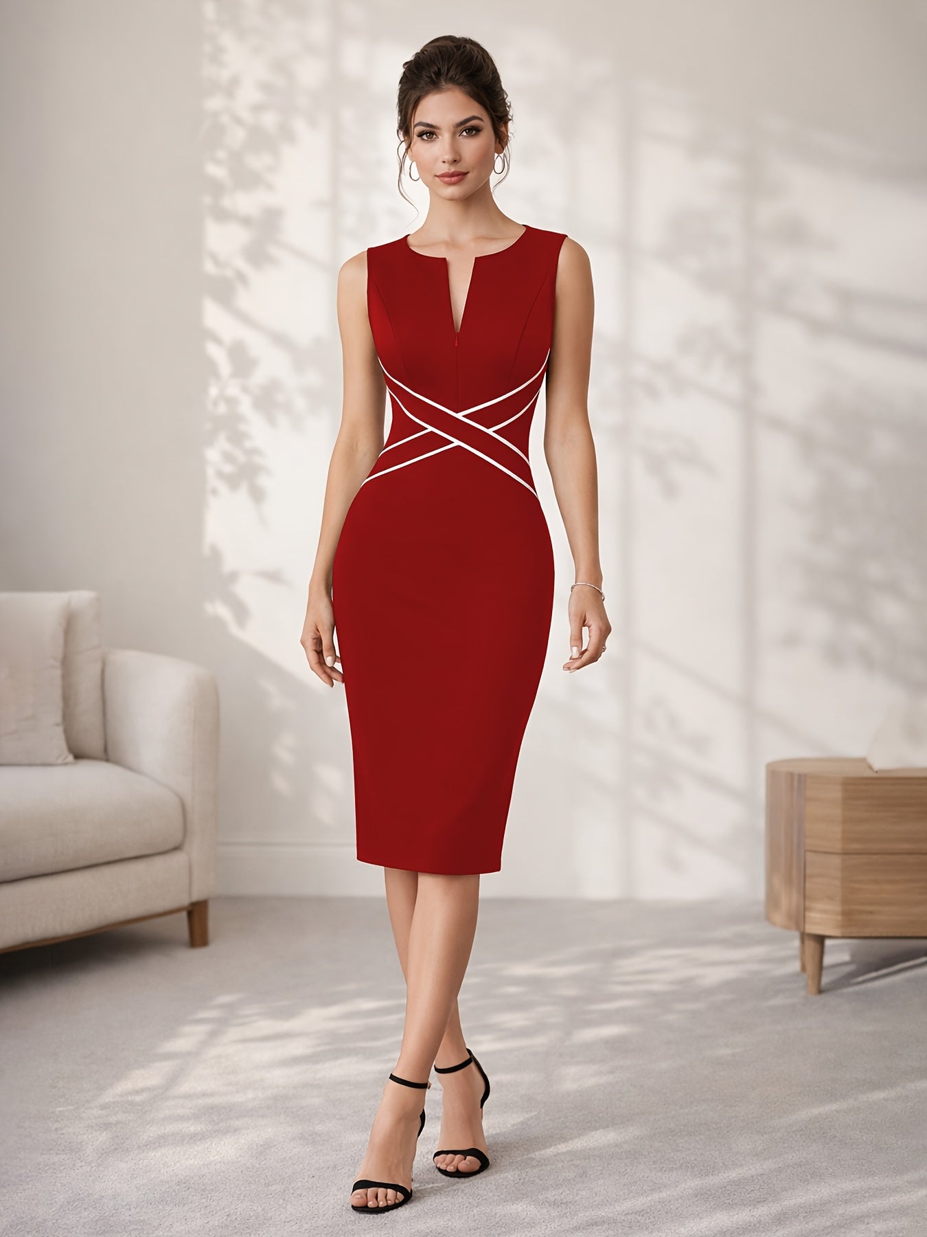 Vestido Midi Ajustado Elegante para Mujeres con Escote en V, Sin Mangas y Cintura Cruzada Estilo Cóctel