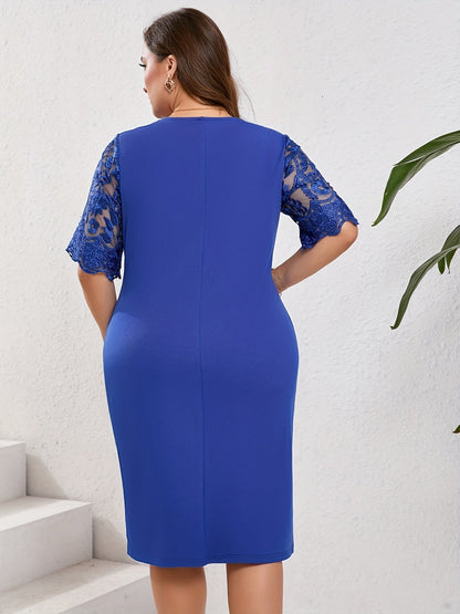 Elegante Vestido Midi de Encaje Bordado para Mujeres con Cuello Redondo y Manga Media Estilo Cóctel