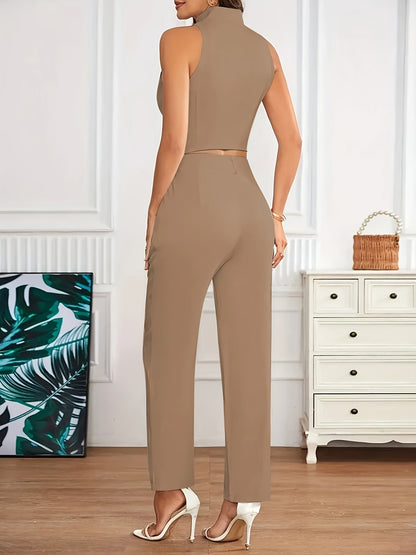 Conjunto Elegante de Dos Piezas para Mujeres con Chaleco de Cuello Alto y Botones y Pantalones Ajustados de Estilo Formal