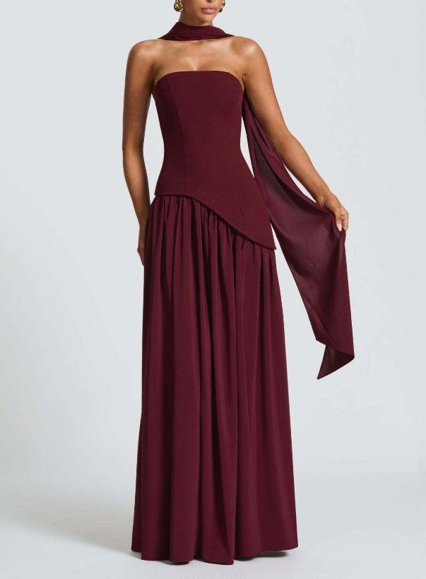 Vestido Maxi de Satén Elegante para Mujeres con Chal Esculpido Sin Mangas y Gran Abertura, Estilo Formal para Invitadas de Boda