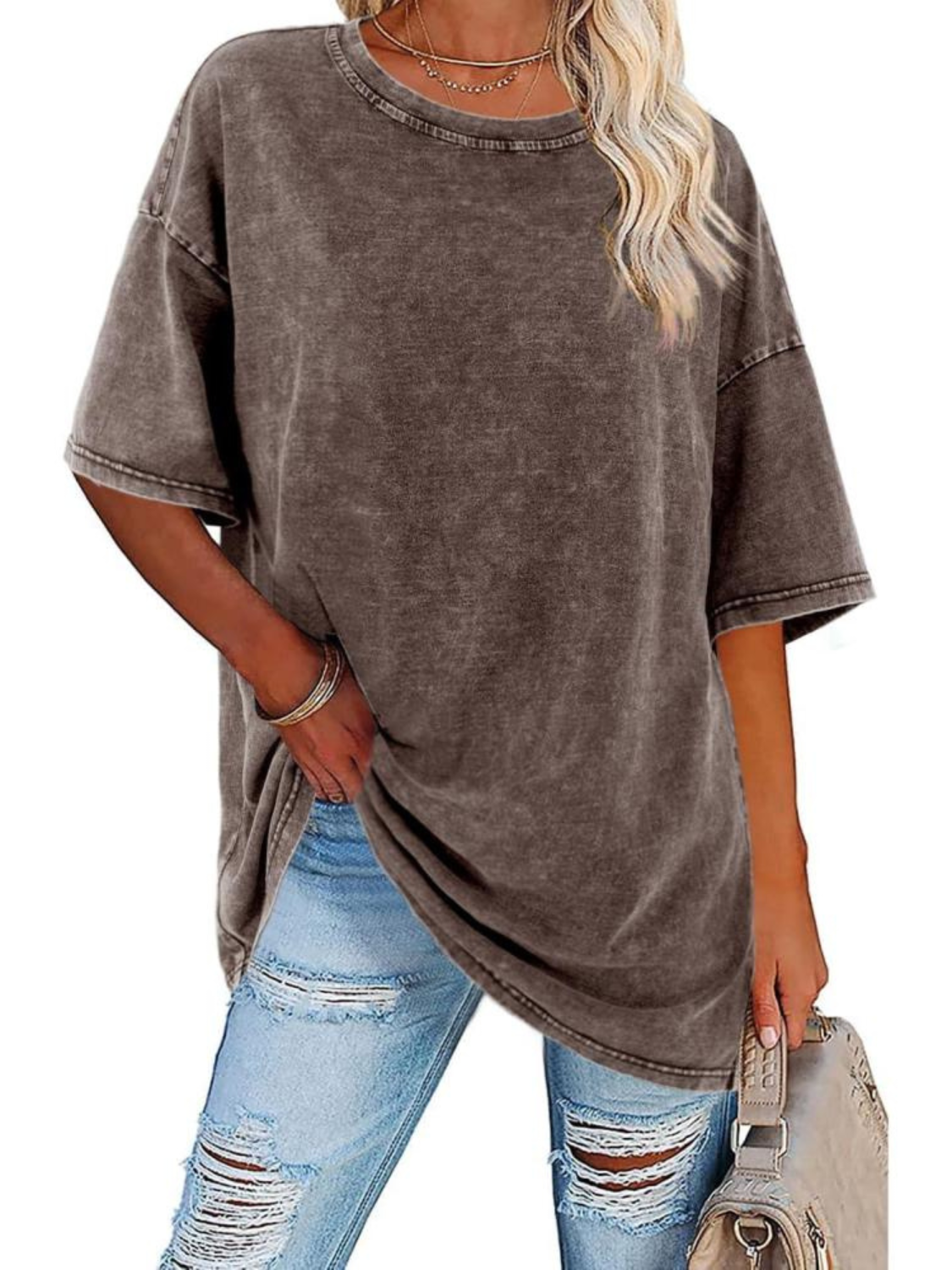 Túnica de Algodón Lavado Sin Esfuerzo para Mujeres con Cuello Redondo y Manga Corta, Estilo Oversized y Casual