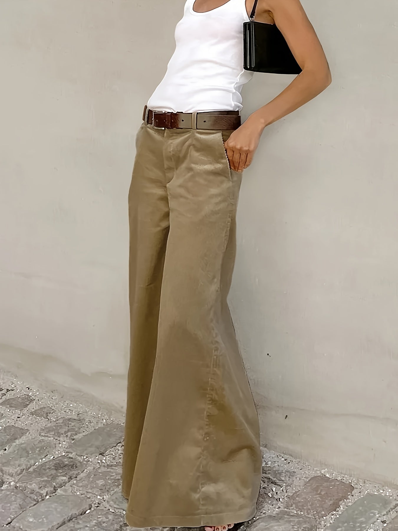 Pantalones Anchos Sin Esfuerzo para Mujeres con Cintura Alta, Botón Frontal, Estilo Casual Relajado