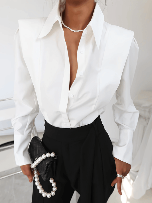 Blusa Estructurada Elegante para Mujeres con Cuello Punto, Manga Larga, Hombros Abullonados, Botón Frontal, Estilo Casual