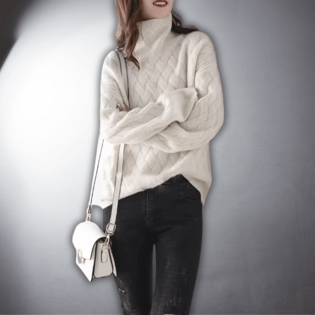 Suéter de Punto Trenzado Cómodo para Mujeres con Cuello Alto, Manga Larga, Estilo Oversized y Relajado