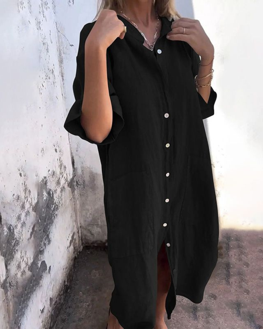 Vestido Camisa de Lino Sin Esfuerzo para Mujeres con Cuello y Manga Corta, Estilo Relajado con Botones
