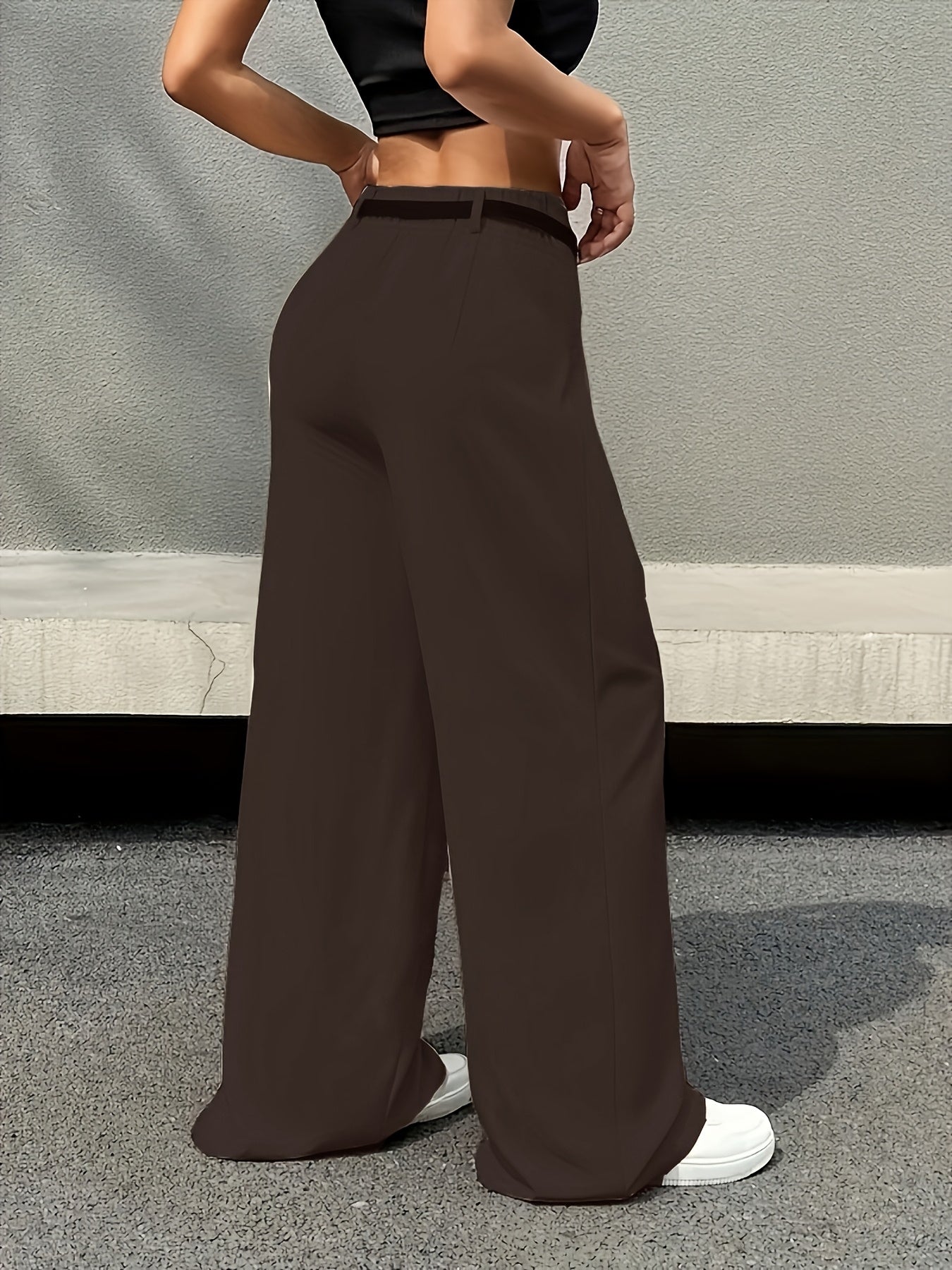 Pantalones de Pierna Ancha a Medida para Mujeres con Cintura Alta y Cinturón Plisado de Estilo Relajado