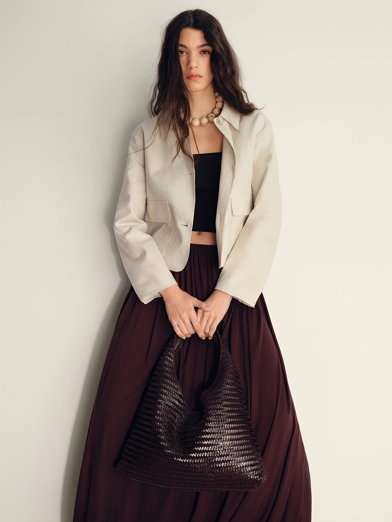 Conjunto Elegante de Pierna Ancha en Albaricoque para Mujeres con Cuello, Manga Larga y Botones de Dos Piezas