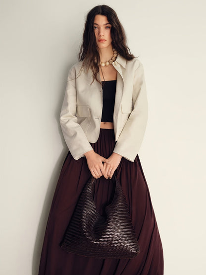 Conjunto Elegante de Pierna Ancha en Albaricoque para Mujeres con Cuello, Manga Larga y Botones de Dos Piezas